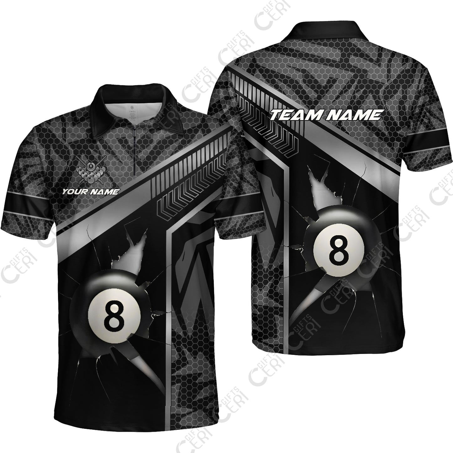 Customized Billiards Quarter-Zip Polo Shirt, Personalized Hexagonal Patterns With A Cracked Glass 8 Ball Jersey