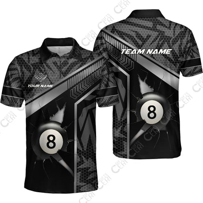 Customized Billiards Quarter-Zip Polo Shirt, Personalized Hexagonal Patterns With A Cracked Glass 8 Ball Jersey