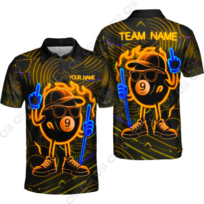 Customized 9 Ball Pool Quarter-Zip Polo Shirt, 9-Ball Billiard Neon Cartoon Flaming, Billiard Jerseys