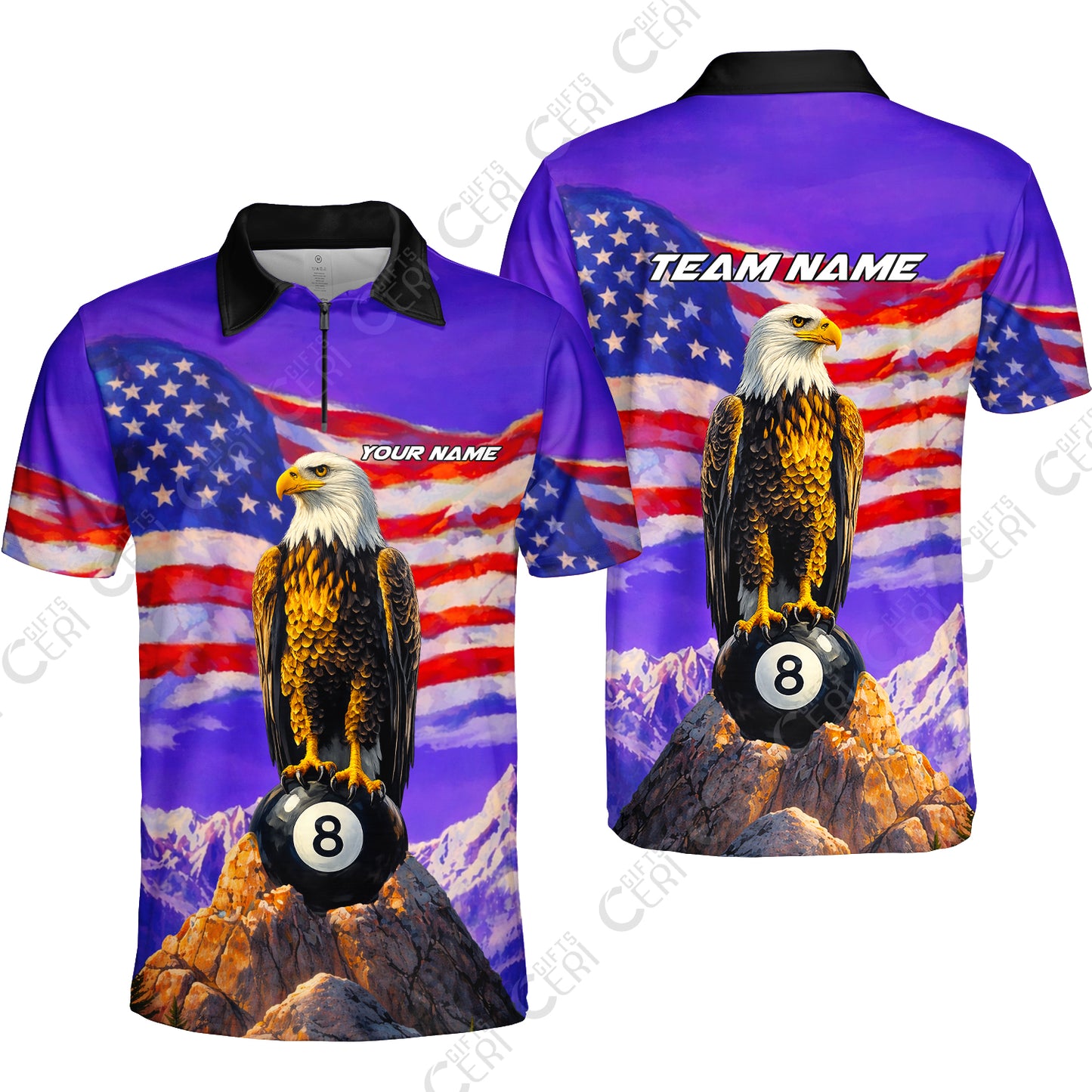 Customized Billiards Quarter-Zip Polo Shirt, Personalized American Flag With Eagle 8 Ball Jersey Gift For Billiard Players