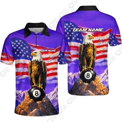 Customized Billiards Quarter-Zip Polo Shirt, Personalized American Flag With Eagle 8 Ball Jersey Gift For Billiard Players