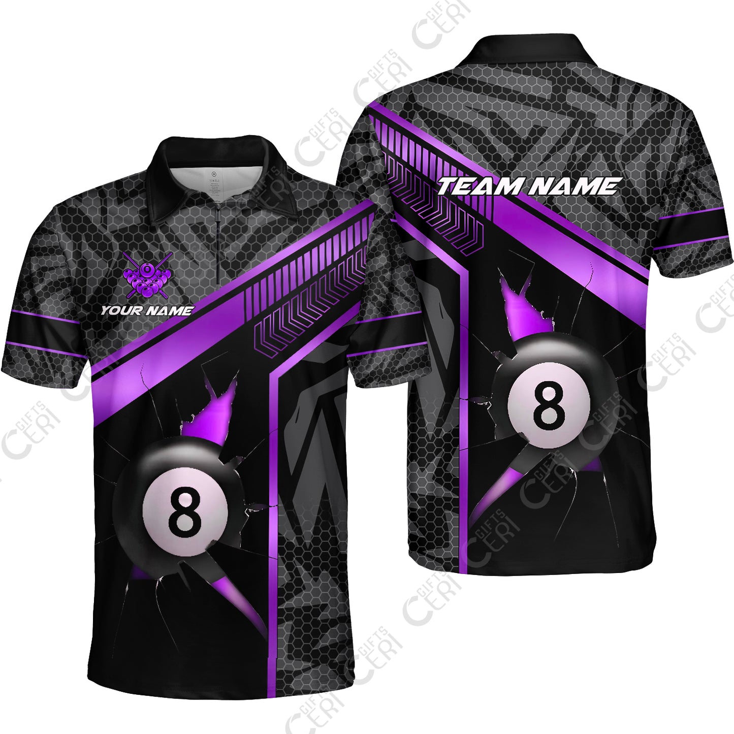 Customized Billiards Quarter-Zip Polo Shirt, Personalized Hexagonal Patterns With A Cracked Glass 8 Ball Jersey