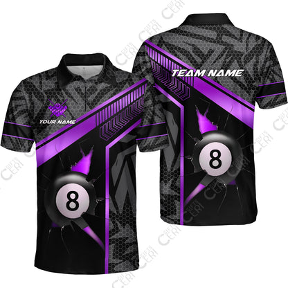Customized Billiards Quarter-Zip Polo Shirt, Personalized Hexagonal Patterns With A Cracked Glass 8 Ball Jersey