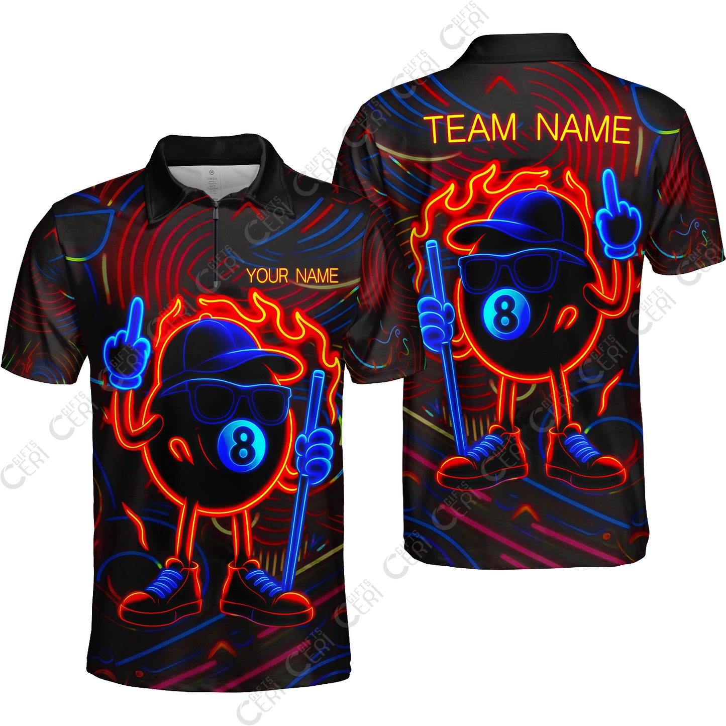 Customized 8 Ball Pool Quarter-Zip Polo Shirt, 8-Ball Billiard Neon Cartoon Flaming, Billiard Jerseys