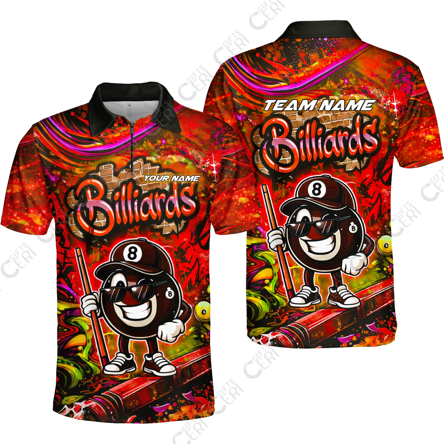 Customized Billiards Quarter-Zip Polo Shirt, Personalized Street Graffiti 8 Ball Jersey Gift For Billiard Players