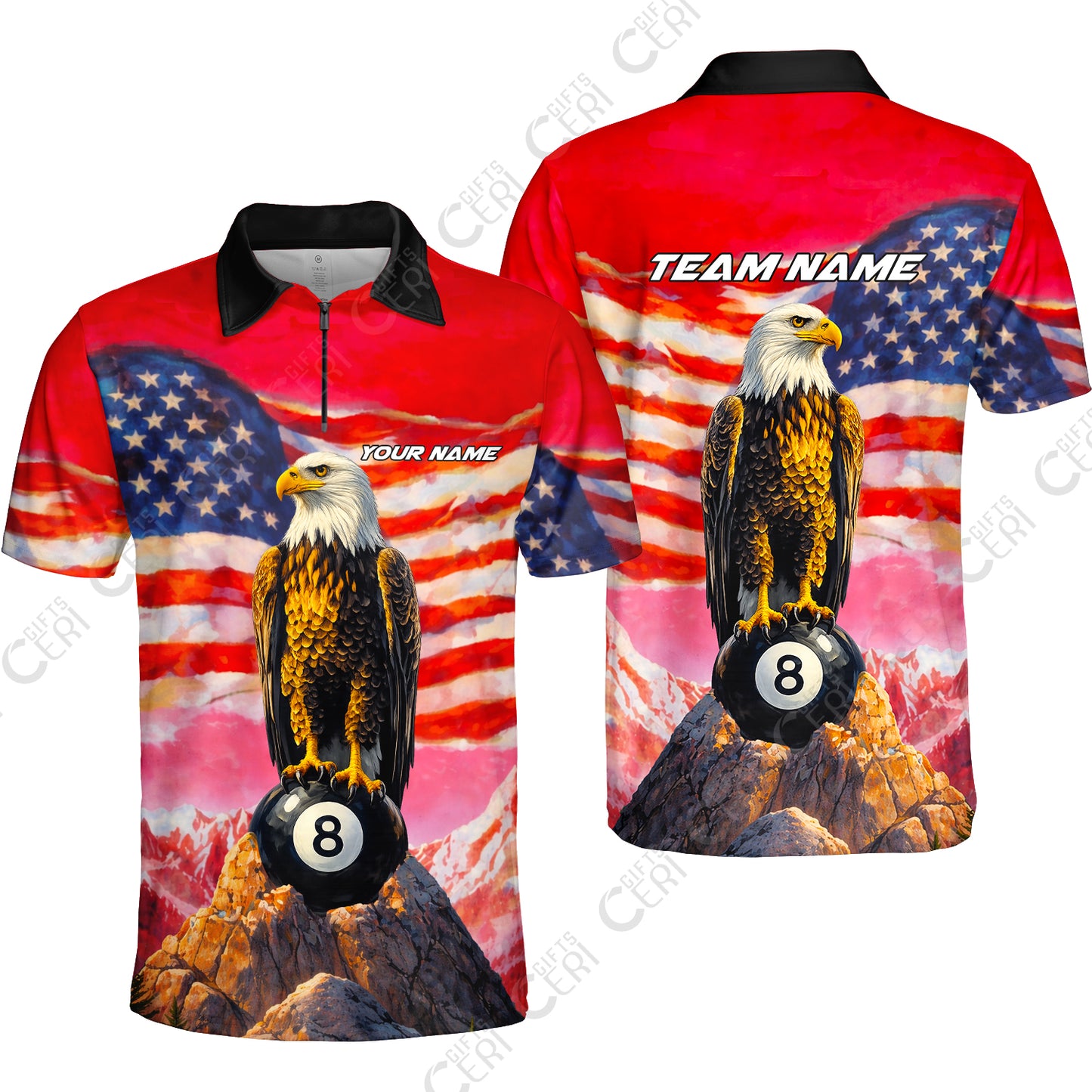 Customized Billiards Quarter-Zip Polo Shirt, Personalized American Flag With Eagle 8 Ball Jersey Gift For Billiard Players