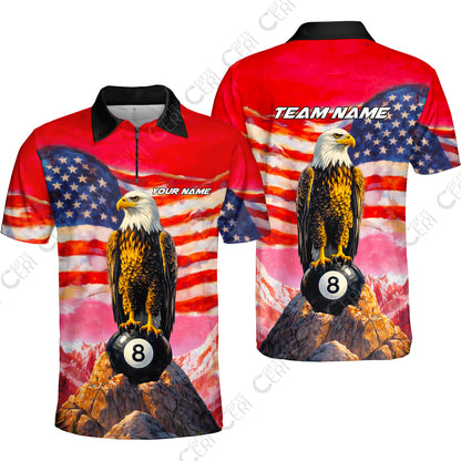 Customized Billiards Quarter-Zip Polo Shirt, Personalized American Flag With Eagle 8 Ball Jersey Gift For Billiard Players