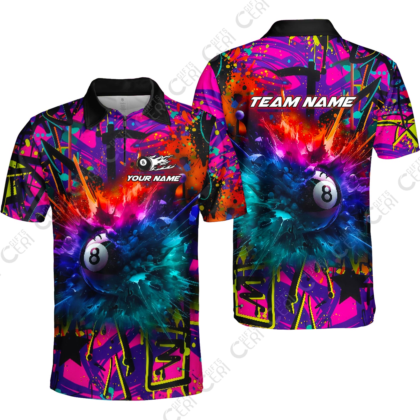 Customized Billiards Quarter-Zip Polo Shirt, Personalized Neon Chaos 8 Ball Jersey Gift For Billiard Players