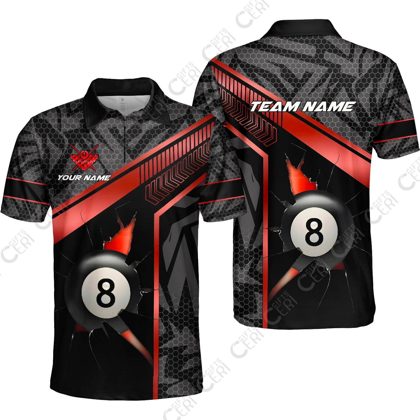 Customized Billiards Quarter-Zip Polo Shirt, Personalized Hexagonal Patterns With A Cracked Glass 8 Ball Jersey