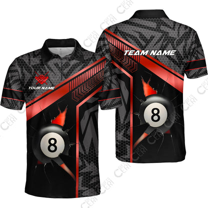 Customized Billiards Quarter-Zip Polo Shirt, Personalized Hexagonal Patterns With A Cracked Glass 8 Ball Jersey