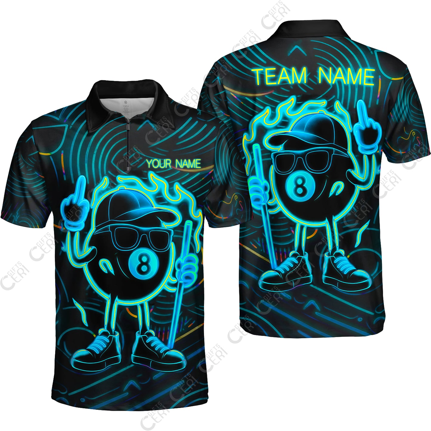 Customized 8 Ball Pool Quarter-Zip Polo Shirt, 8-Ball Billiard Neon Cartoon Flaming, Billiard Jerseys