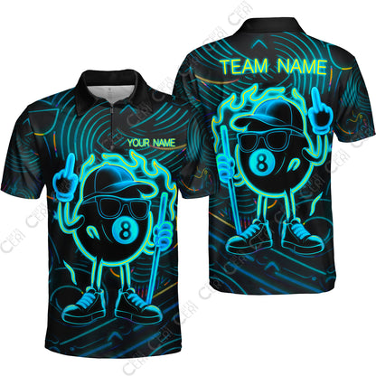 Customized 8 Ball Pool Quarter-Zip Polo Shirt, 8-Ball Billiard Neon Cartoon Flaming, Billiard Jerseys
