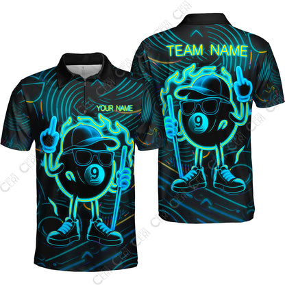 Customized 9 Ball Pool Quarter-Zip Polo Shirt, 9-Ball Billiard Neon Cartoon Flaming, Billiard Jerseys