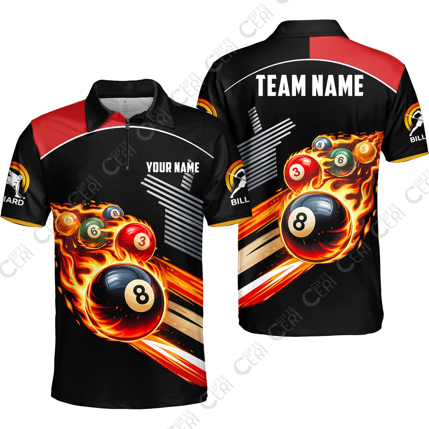 Customized 8 Ball Pool Quarter-Zip Polo Shirt, Billiards 8-Ball The Balls Are Burning, Billiards Jerseys