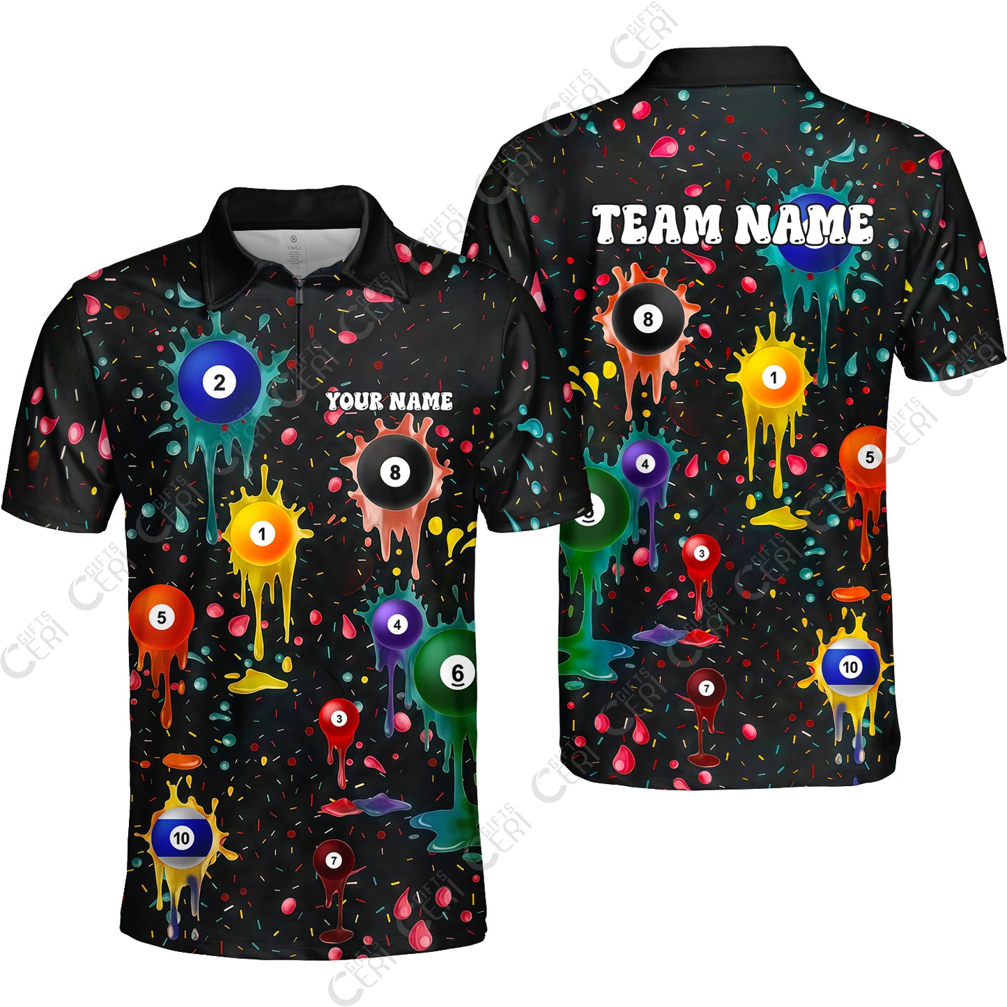 Customized 8 Ball Pool Quarter-Zip Polo Shirt, Billiards 8-Ball Colorful Paint-Splash, Billiards Jerseys