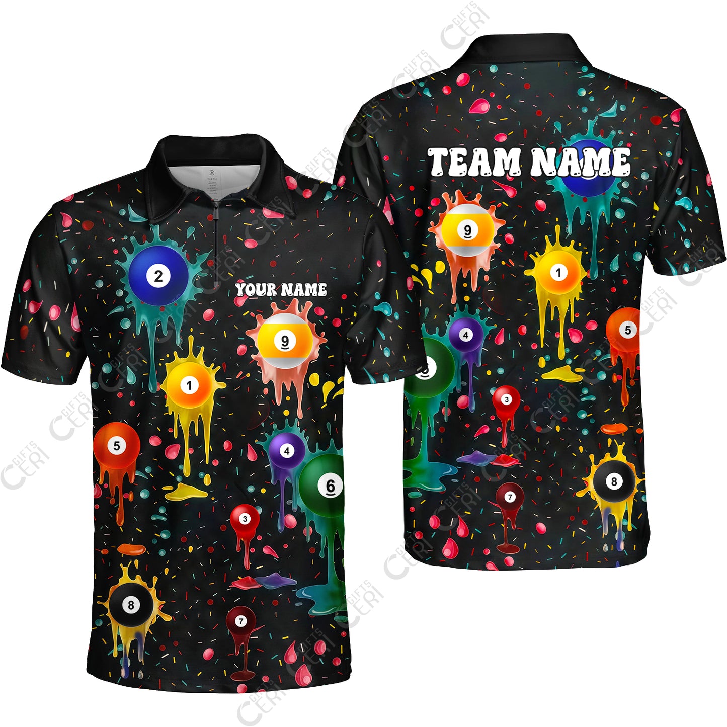 Customized 9 Ball Pool Quarter-Zip Polo Shirt, Billiards 9-Ball Colorful Paint-Splash, Billiards Jerseys