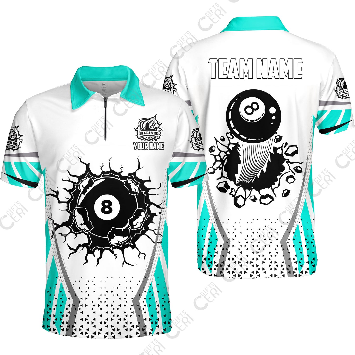 Customized 8 Ball Pool Quarter-Zip Polo Shirt, Billiard Triangle Pattern, 8-Ball Breaks The Wall, Billiard Jerseys