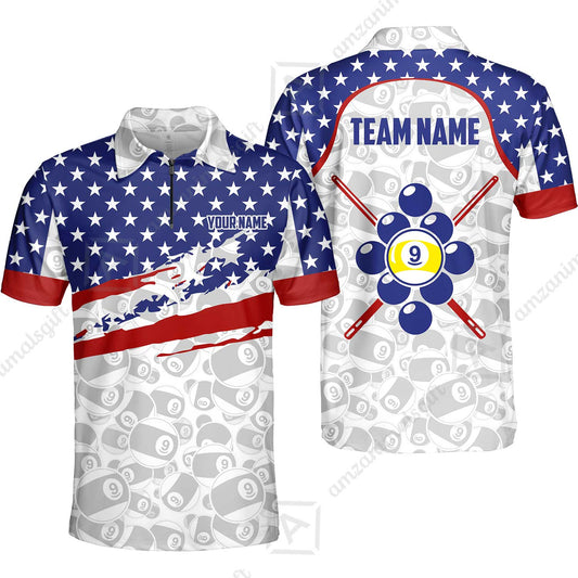 Customized 9 Ball Pool Quarter-Zip Polo Shirt, American Star Flag Billiard 9-ball, Personalized Billiards Jersey