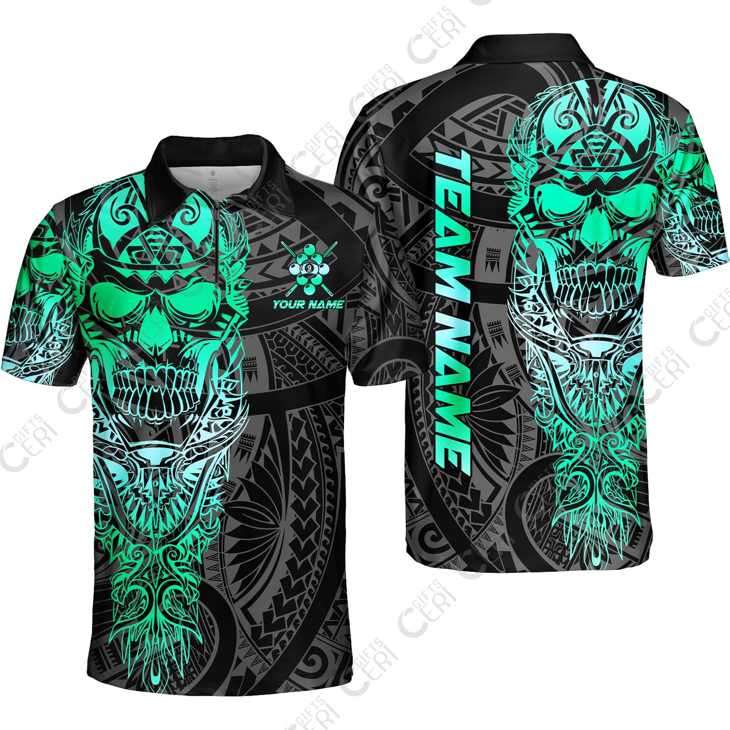 Customized 9 Ball Pool Quarter-Zip Polo Shirt, 9-Ball Billiard Ethnic Tribal Style Pattern, Billiards Jerseys