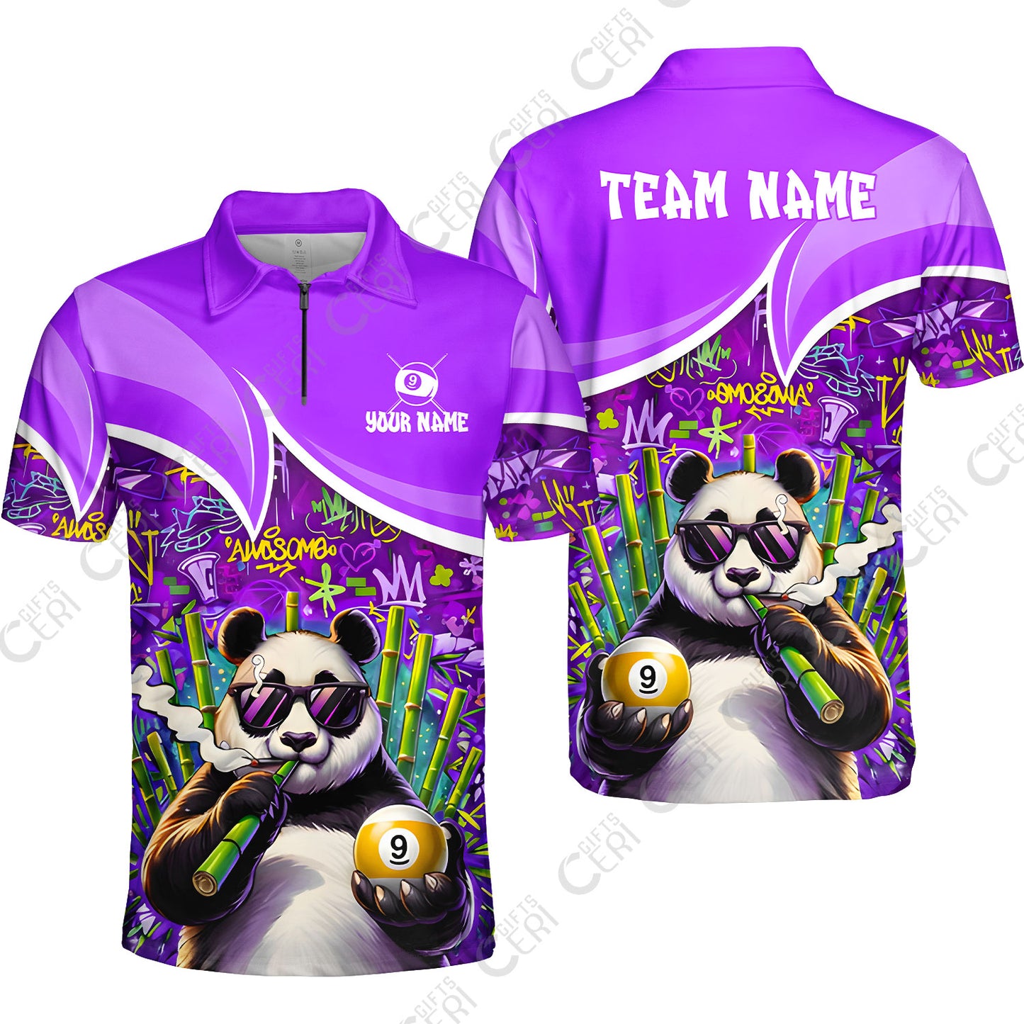 Customized 9 Ball Pool Quarter-Zip Polo Shirt, 9-Ball Panda Bamboo Billiards, Billiards Jerseys