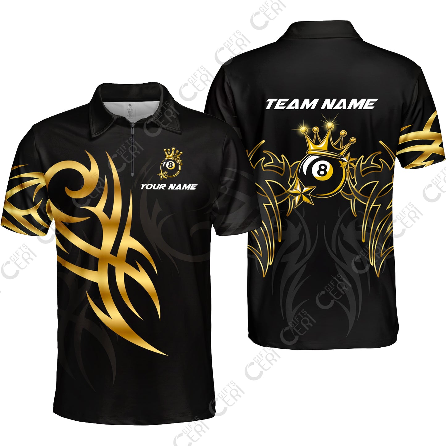 Customized 8 Ball Pool Quarter-Zip Polo Shirt, Billiard 8-Ball Crown And Stars, Billiards Jerseys