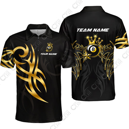 Customized 8 Ball Pool Quarter-Zip Polo Shirt, Billiard 8-Ball Crown And Stars, Billiards Jerseys