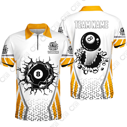 Customized 8 Ball Pool Quarter-Zip Polo Shirt, Billiard Triangle Pattern, 8-Ball Breaks The Wall, Billiard Jerseys