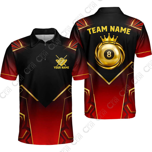 Customized 8 Ball Pool Quarter-Zip Polo Shirt, Tech-Futuristic 3 Scale 8-Ball, Personalized Billiards Jersey