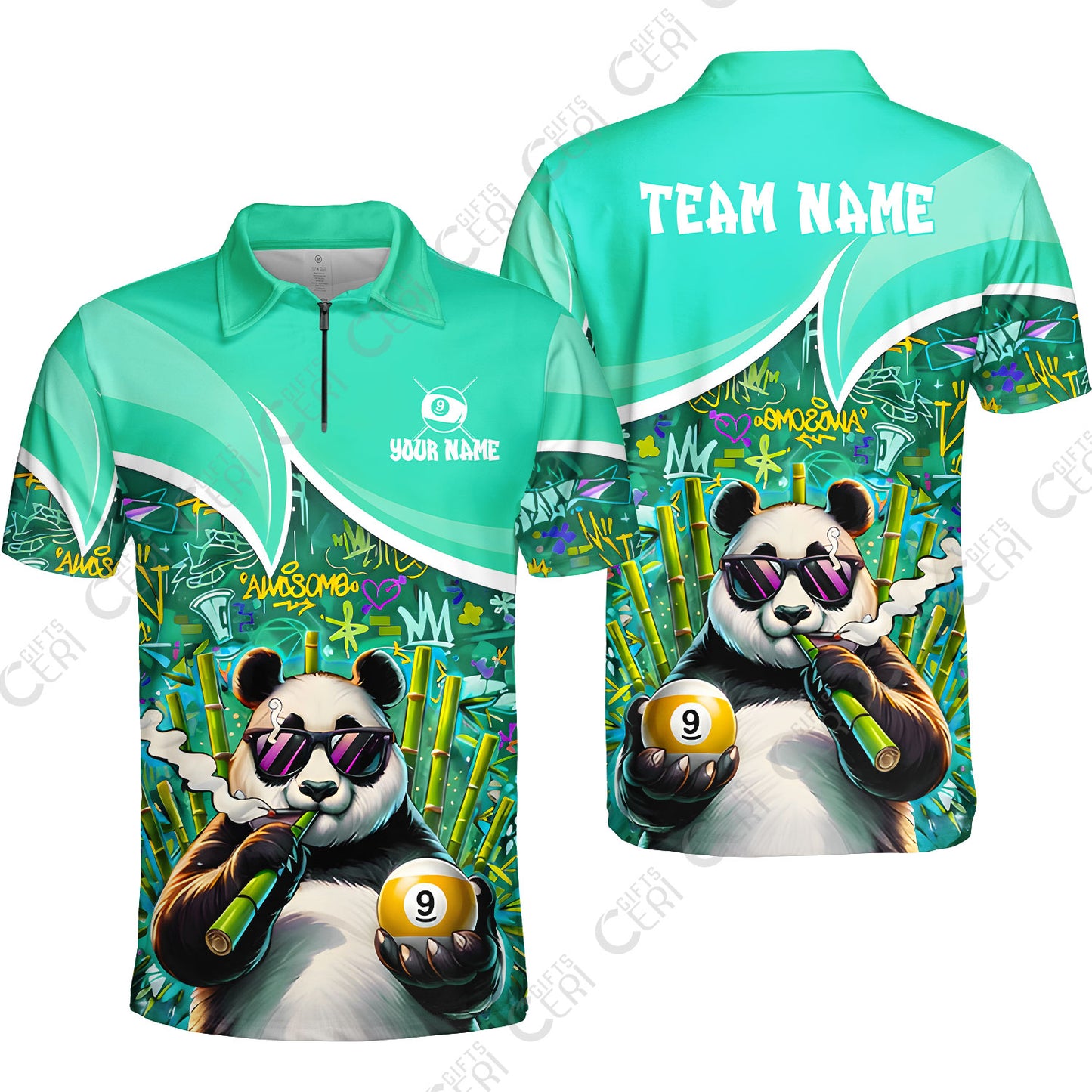 Customized 9 Ball Pool Quarter-Zip Polo Shirt, 9-Ball Panda Bamboo Billiards, Billiards Jerseys