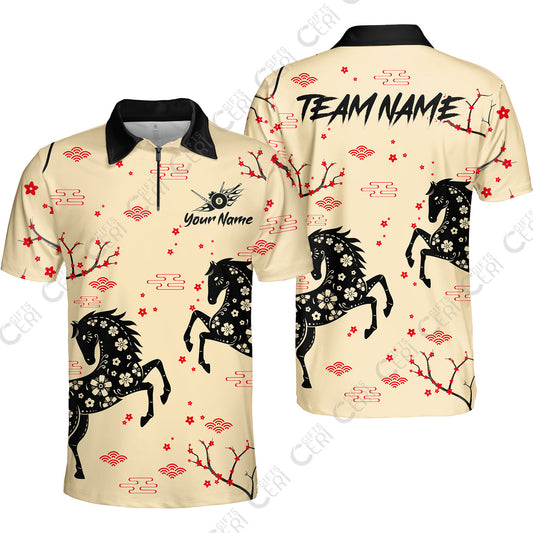 Customized 8 Ball Pool Quarter-Zip Polo Shirt, Floral Pattern Horse Cherry Blossom, Personalized Billiards Jersey