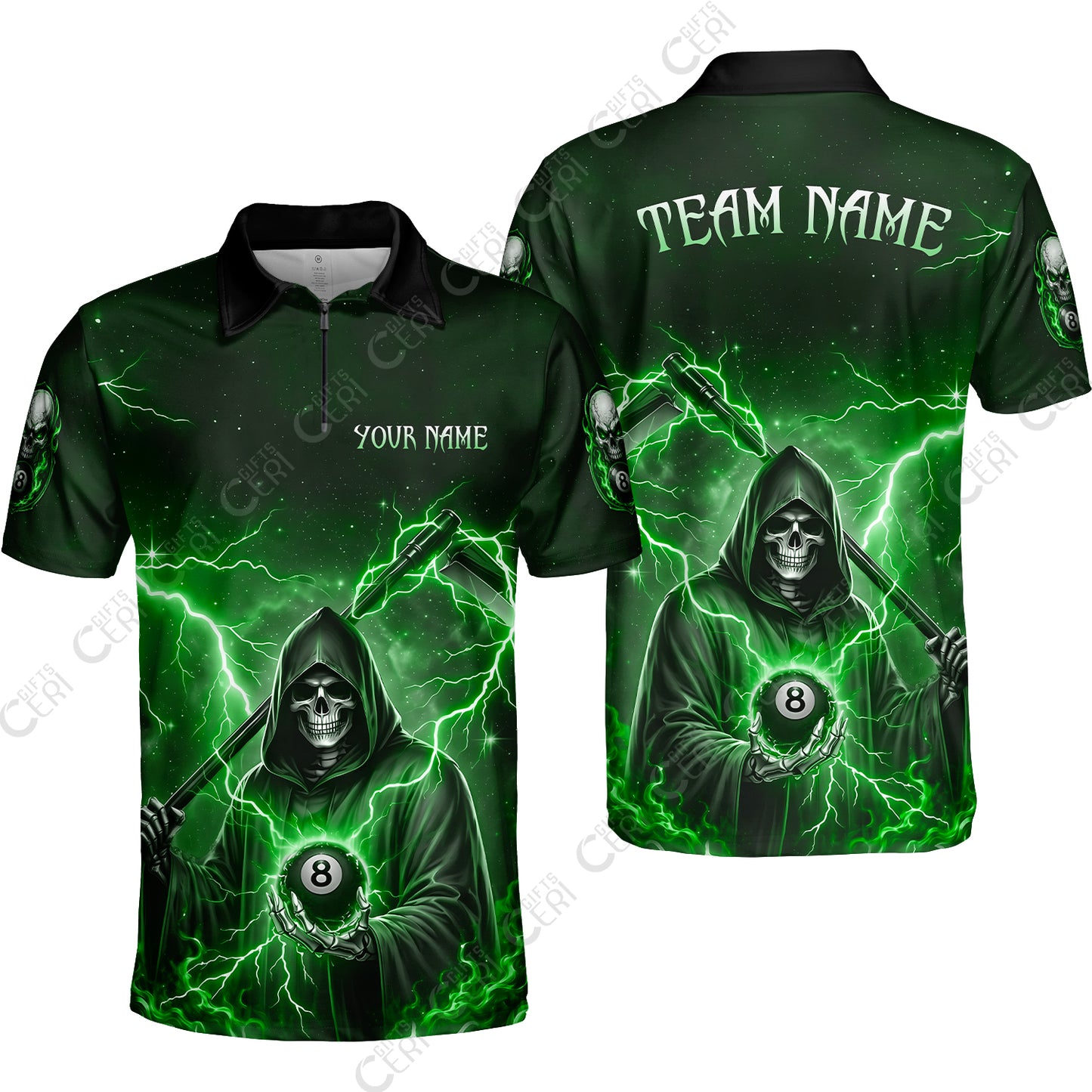 Customized 8 Ball Pool Quarter-Zip Polo Shirt, Lightning And Flame Grim Reaper With 8 Ball, Personalized Billiards Jersey