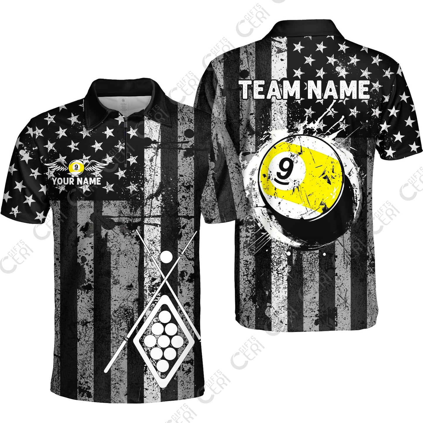 Customized 9 Ball Pool Stand Collar Quarter-Zip Short Sleeve Jersey, Distressed American Flag Pattern, Billiards Jerseys