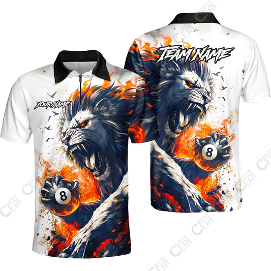 Customized 8 Ball Pool Quarter-Zip Polo Shirt, Lion Fire Lava 8-Ball, Personalized Billiards Jersey