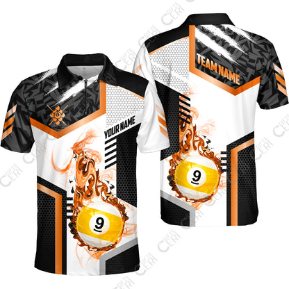 Customized 9 Ball Pool Quarter-Zip Polo Shirt, Flaming 9-Ball Graphic, Billiards Jersey
