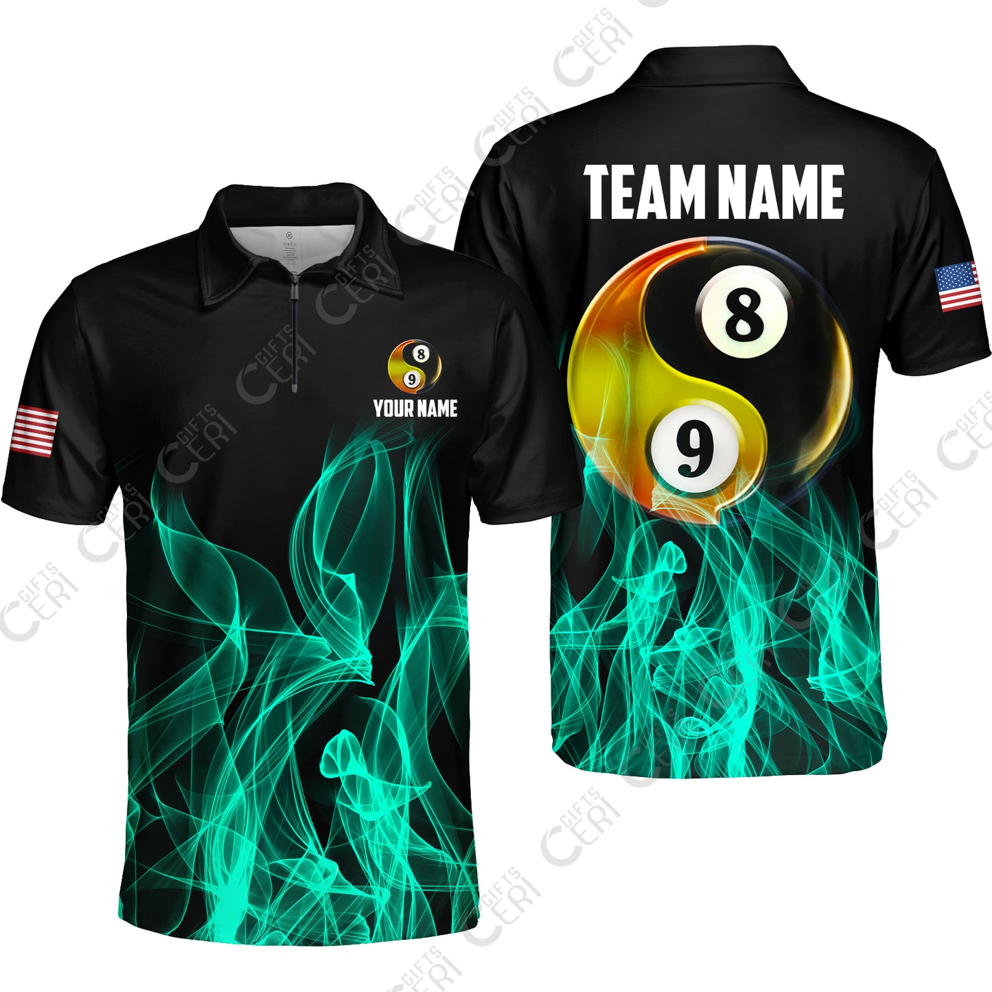 Customized Billiard Quarter-Zip Polo Shirt, Billiard 8-Ball And 9-Ball Yin-Yang Flame, Billiard Jerseys