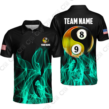 Customized Billiard Quarter-Zip Polo Shirt, Billiard 8-Ball And 9-Ball Yin-Yang Flame, Billiard Jerseys