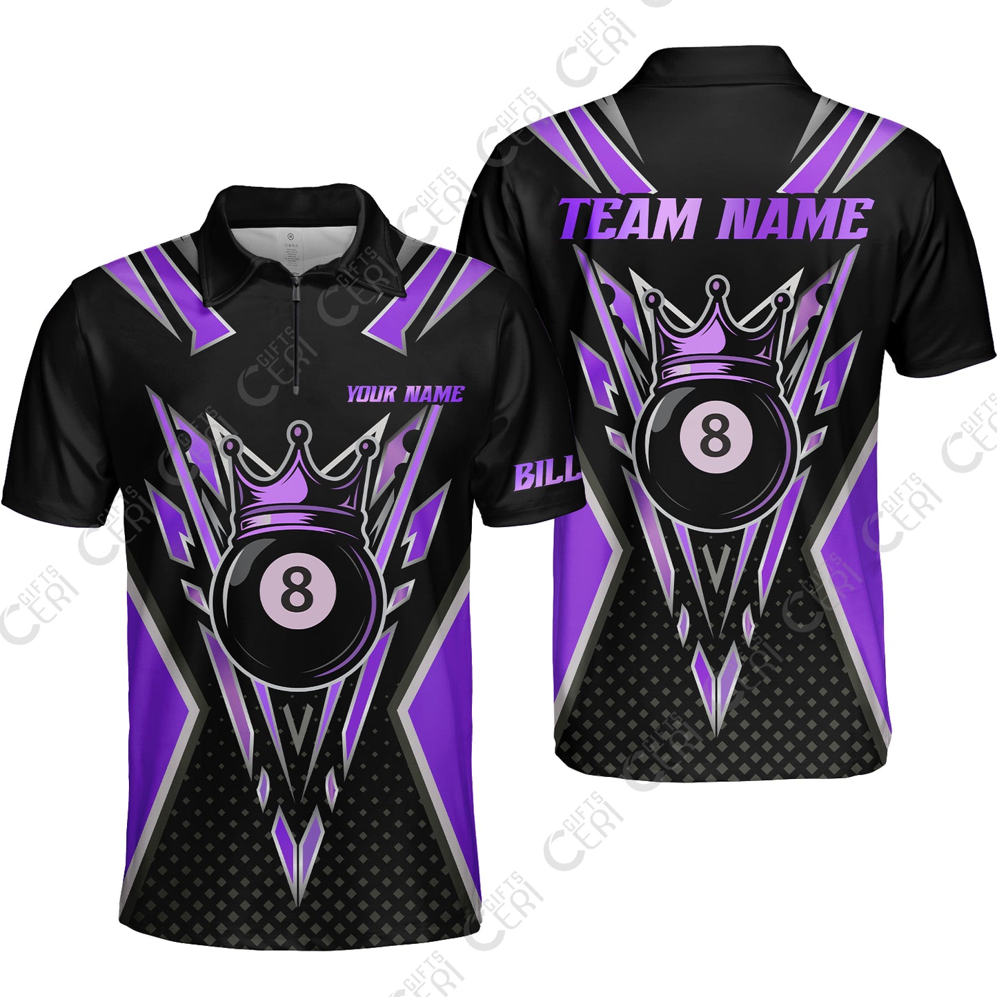 Customized 8 Ball Pool Quarter-Zip Polo Shirt, Billiard 8-Ball Crown, Billiard Jerseys