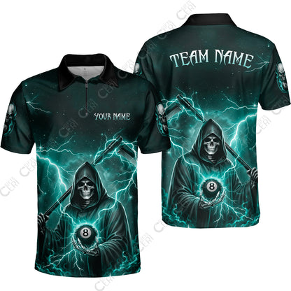 Customized 8 Ball Pool Quarter-Zip Polo Shirt, Lightning And Flame Grim Reaper With 8 Ball, Personalized Billiards Jersey