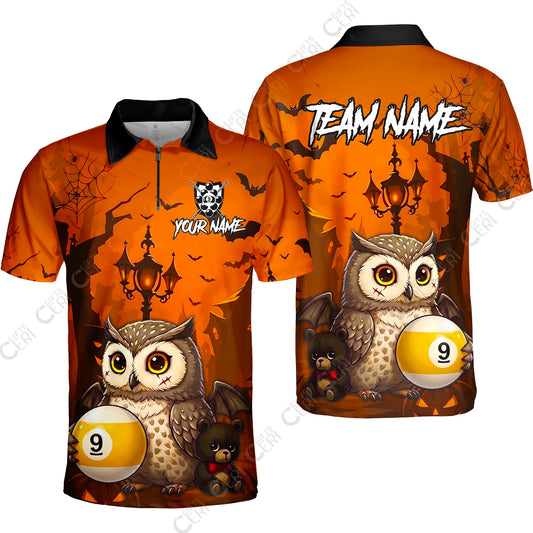 Customized 9 Ball Pool Quarter-Zip Polo Shirt, Halloween Owl Holding 9-Ball, Personalized Billiards Jersey