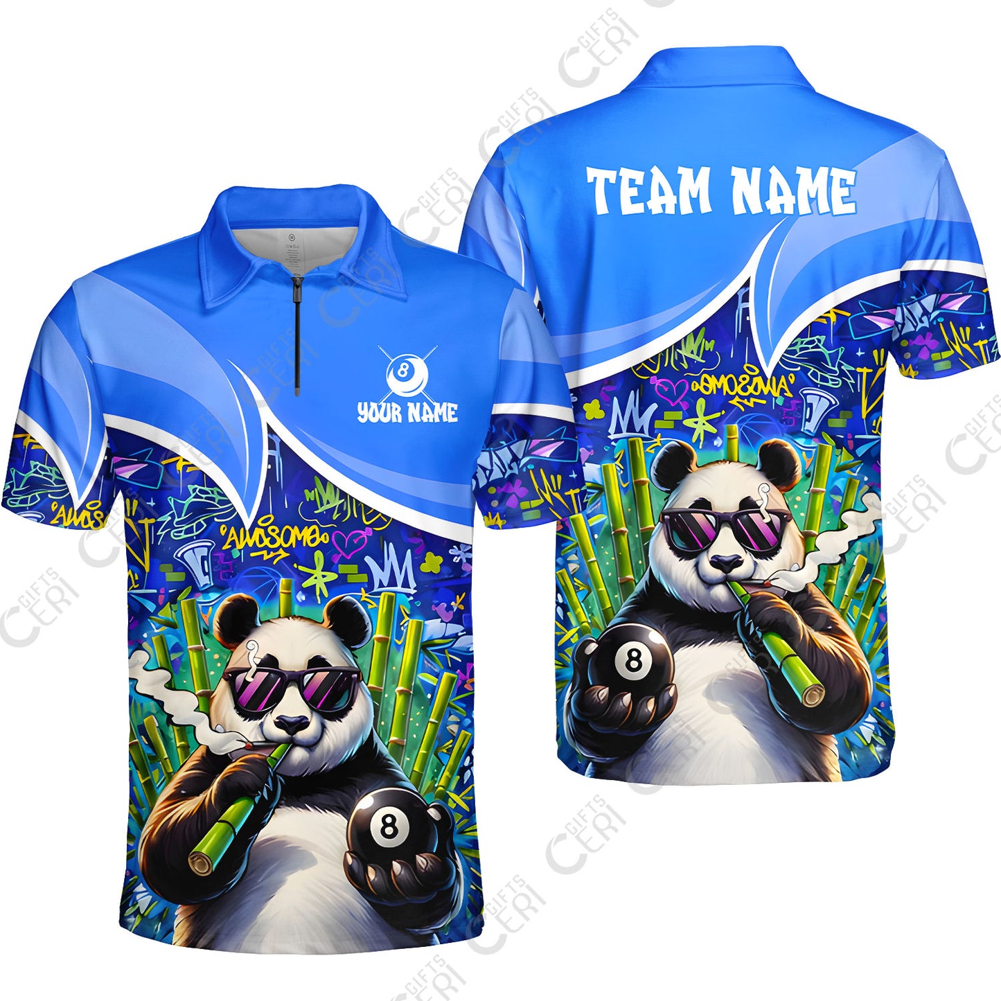 Customized 8 Ball Pool Quarter-Zip Polo Shirt, 8-Ball Panda Bamboo Billiards, Billiards Jerseys