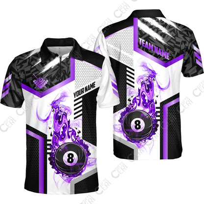 Customized Billiards Quarter-Zip Polo Shirt, Flaming 8-Ball Graphic, 8 Ball Pool Jersey