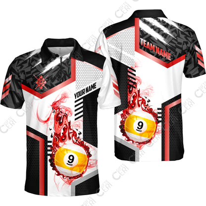 Customized 9 Ball Pool Quarter-Zip Polo Shirt, Flaming 9-Ball Graphic, Billiards Jersey