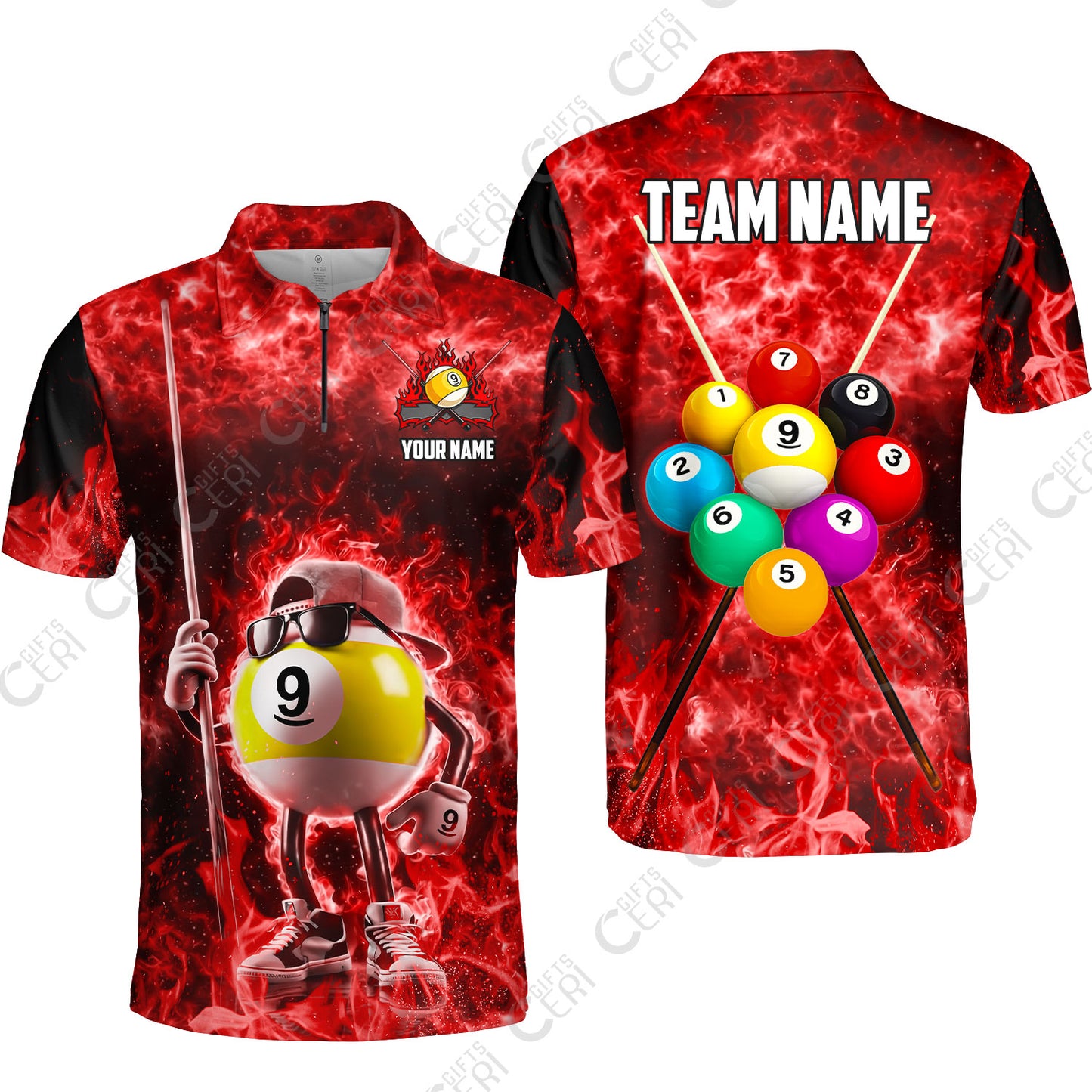 Customized 9 Ball Pool Quarter-Zip Polo Shirt, 9-Ball Wearing Cap And Sunglasses Flaming Burn, Billiard Jerseys