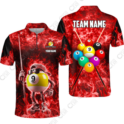 Customized 9 Ball Pool Quarter-Zip Polo Shirt, 9-Ball Wearing Cap And Sunglasses Flaming Burn, Billiard Jerseys