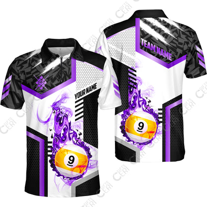 Customized 9 Ball Pool Quarter-Zip Polo Shirt, Flaming 9-Ball Graphic, Billiards Jersey