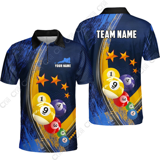 Customized 9 Ball Pool Quarter-Zip Polo Shirt, Brush Paint Billiards 9-Ball, Personalized Billiards Jersey