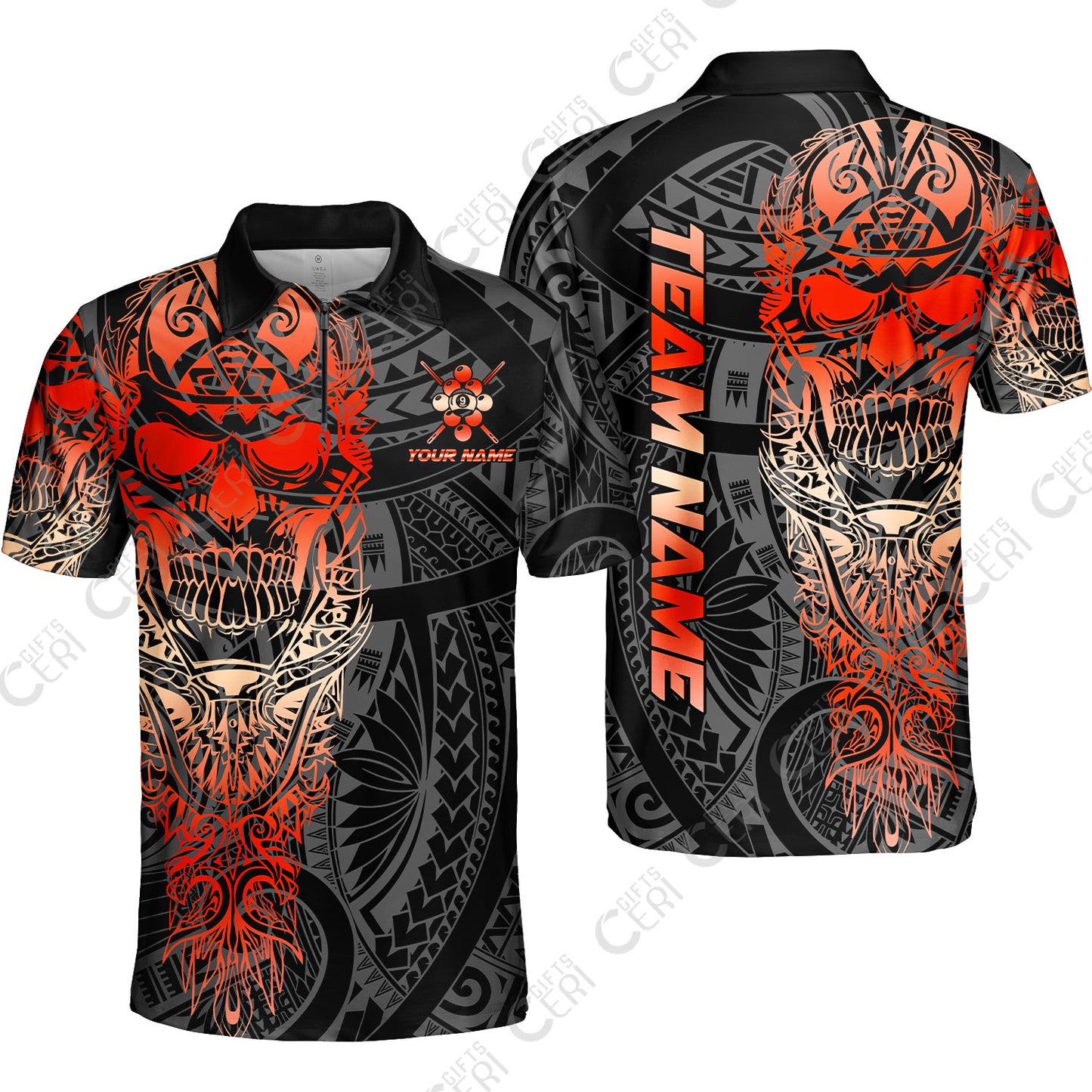 Customized 9 Ball Pool Quarter-Zip Polo Shirt, 9-Ball Billiard Ethnic Tribal Style Pattern, Billiards Jerseys