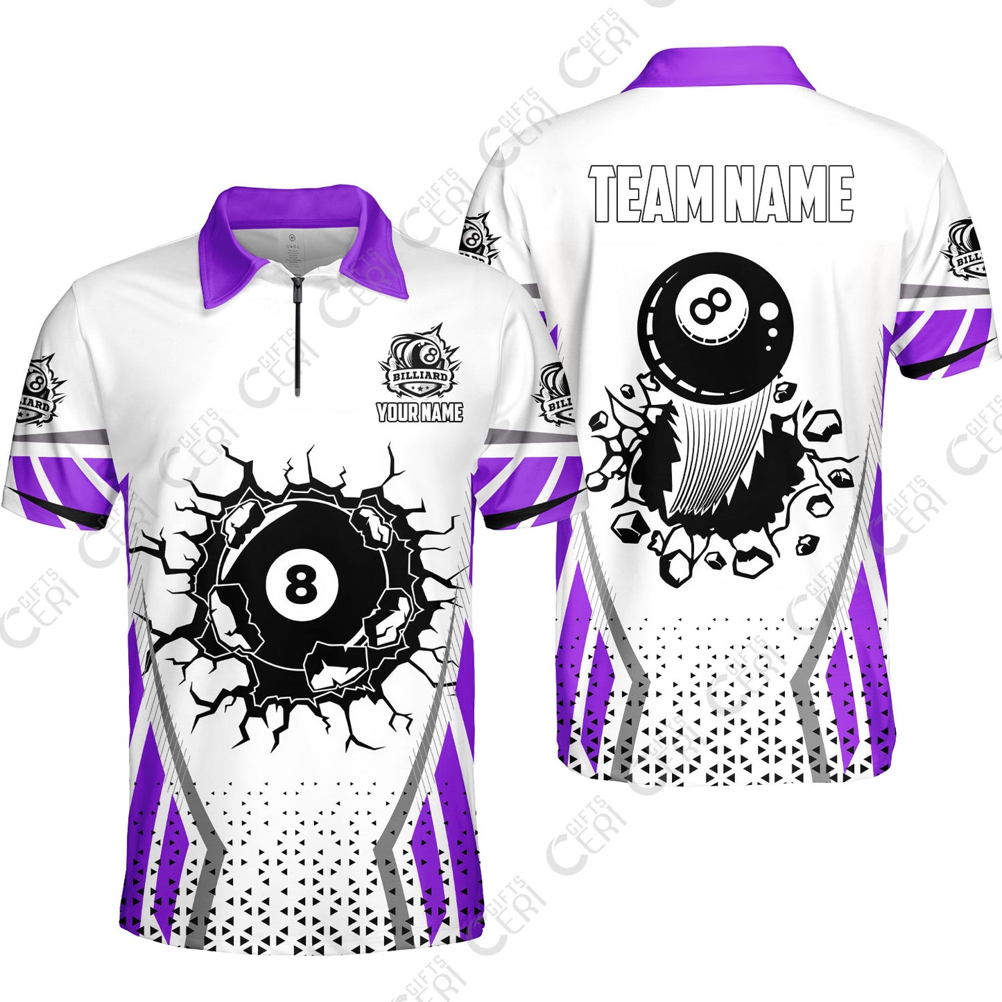 Customized 8 Ball Pool Quarter-Zip Polo Shirt, Billiard Triangle Pattern, 8-Ball Breaks The Wall, Billiard Jerseys