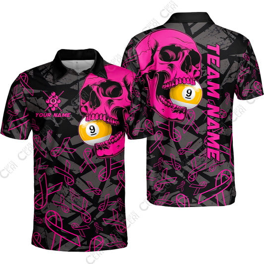 Customized 9 Ball Pool Quarter-Zip Polo Shirt, Billiard Pink Skull 9-Ball, Personalized Billiards Jersey