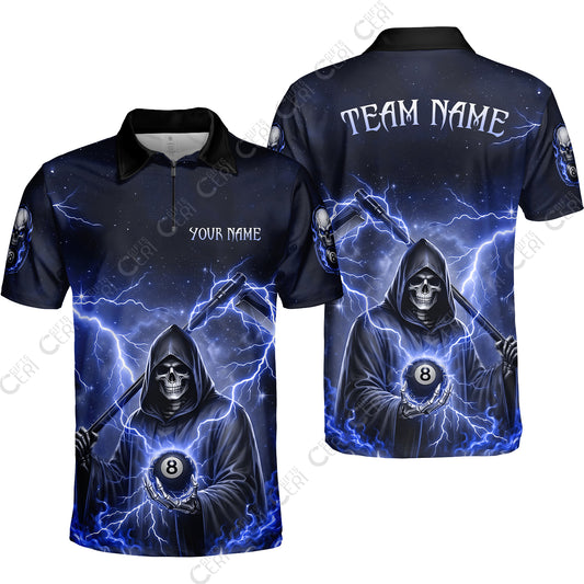 Customized 8 Ball Pool Quarter-Zip Polo Shirt, Lightning And Flame Grim Reaper With 8 Ball, Personalized Billiards Jersey